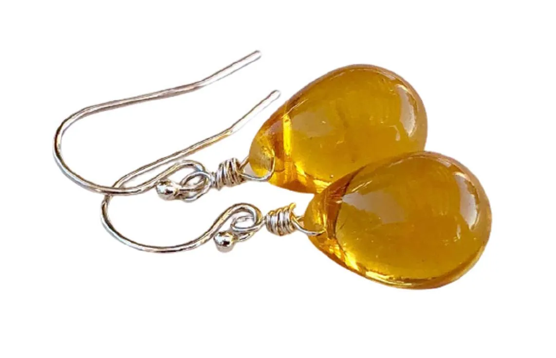 Handmade, Golden Honey Amber Glass Dangle Drop Earrings in Sterling Silver, Gifts for Women, Mom, Her, Mothers Day, Birthday, Brides, Weddings, Anniversary