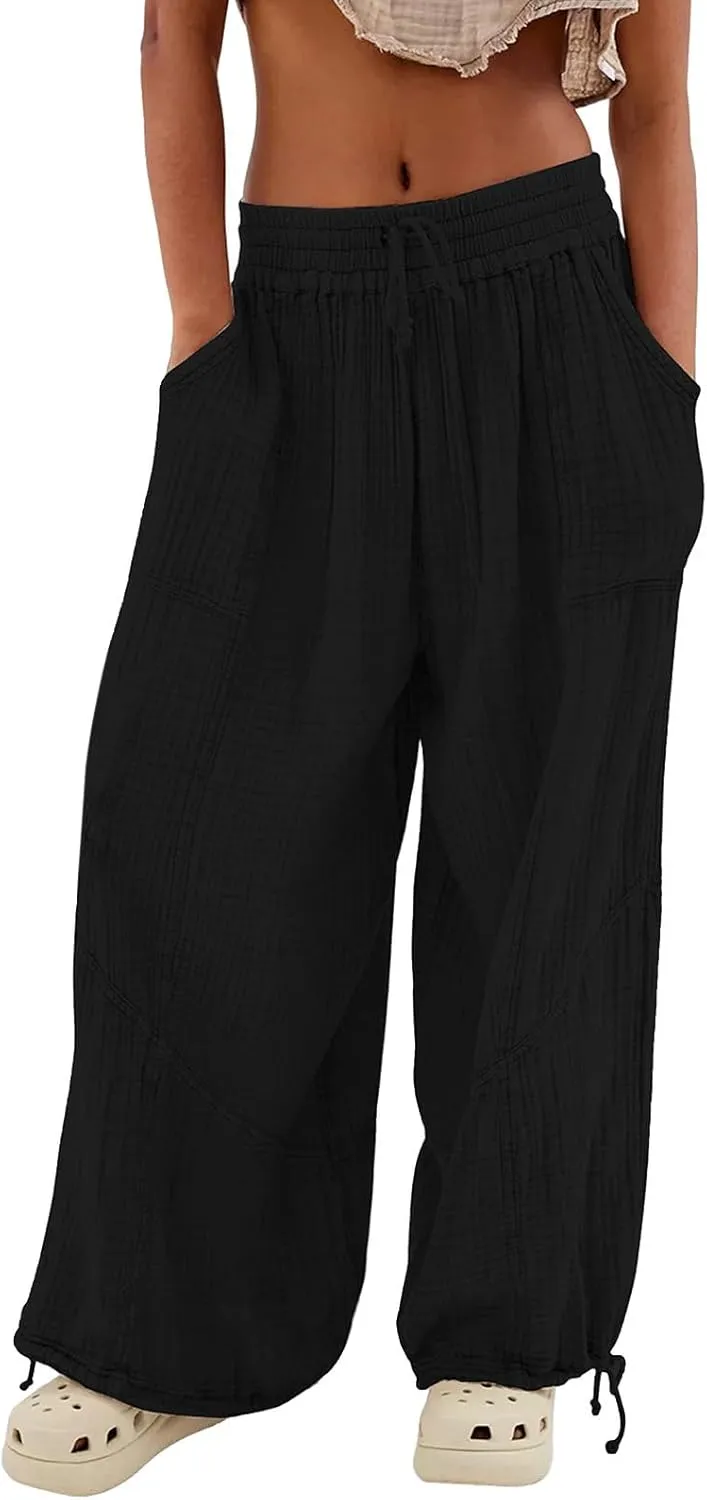 Harem Pants for Women Solid Drawstring Elastic Waist Baggy Pants Casual Hippie Boho Yoga Pants Beach Travel Lounge PJs