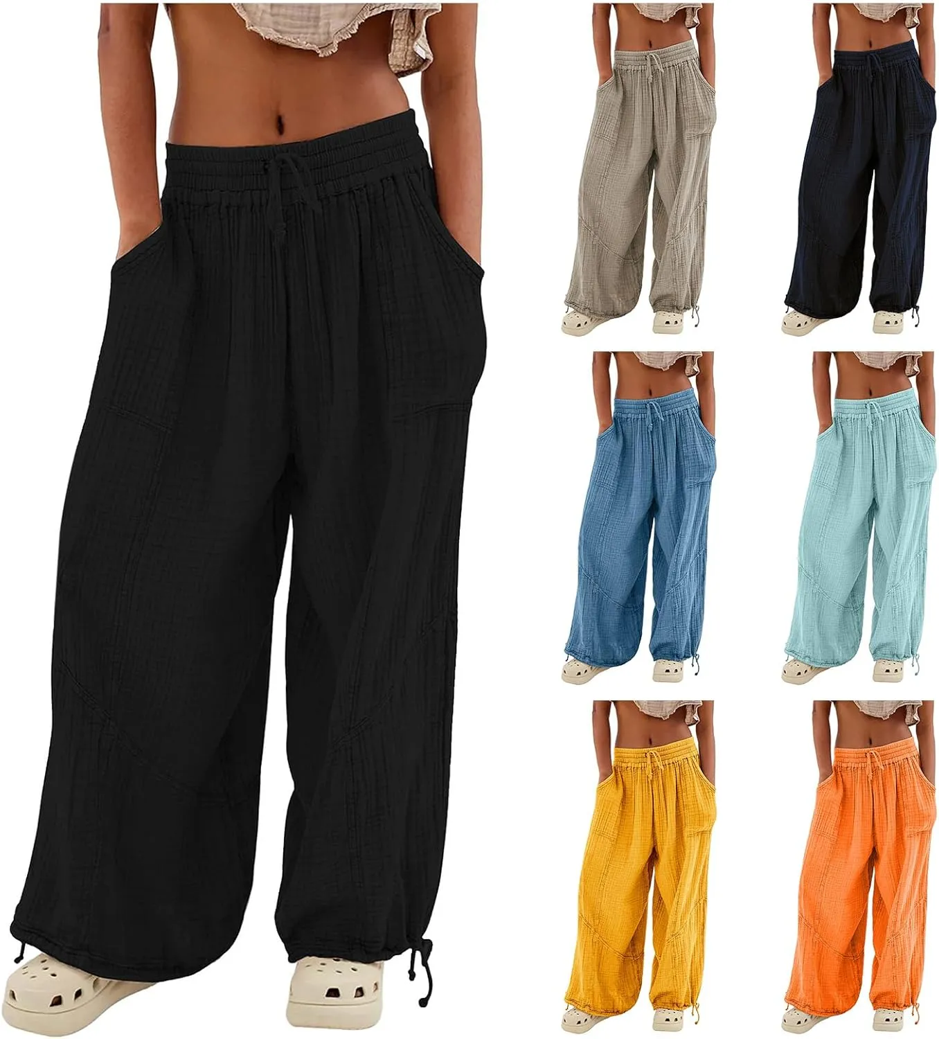 Harem Pants for Women Solid Drawstring Elastic Waist Baggy Pants Casual Hippie Boho Yoga Pants Beach Travel Lounge PJs