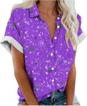 Hawaiian Shirts for Women Button Down Short Sleeve V Neck T Shirts Boho Floral Print Summer Blouses with Pockets