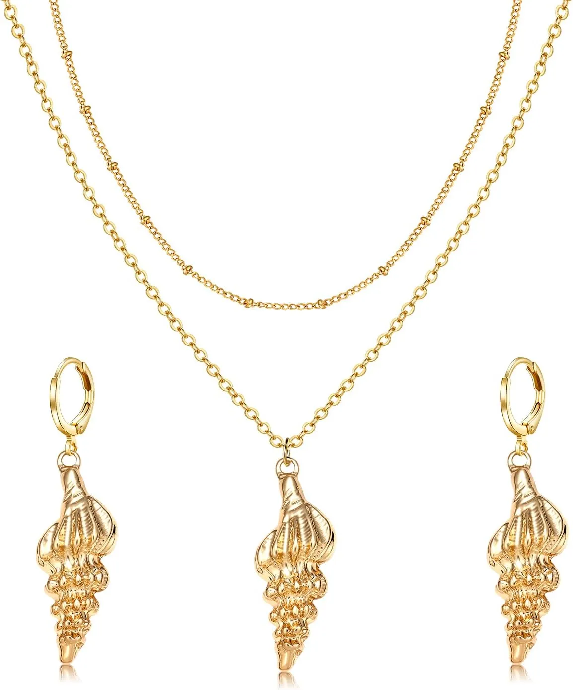 HEIDKRUEGER Gold Whelk Pendant Necklace Twin Chain Necklace Scallop Conch Adjustable Seashell Jewelry Gifts for Women Girls