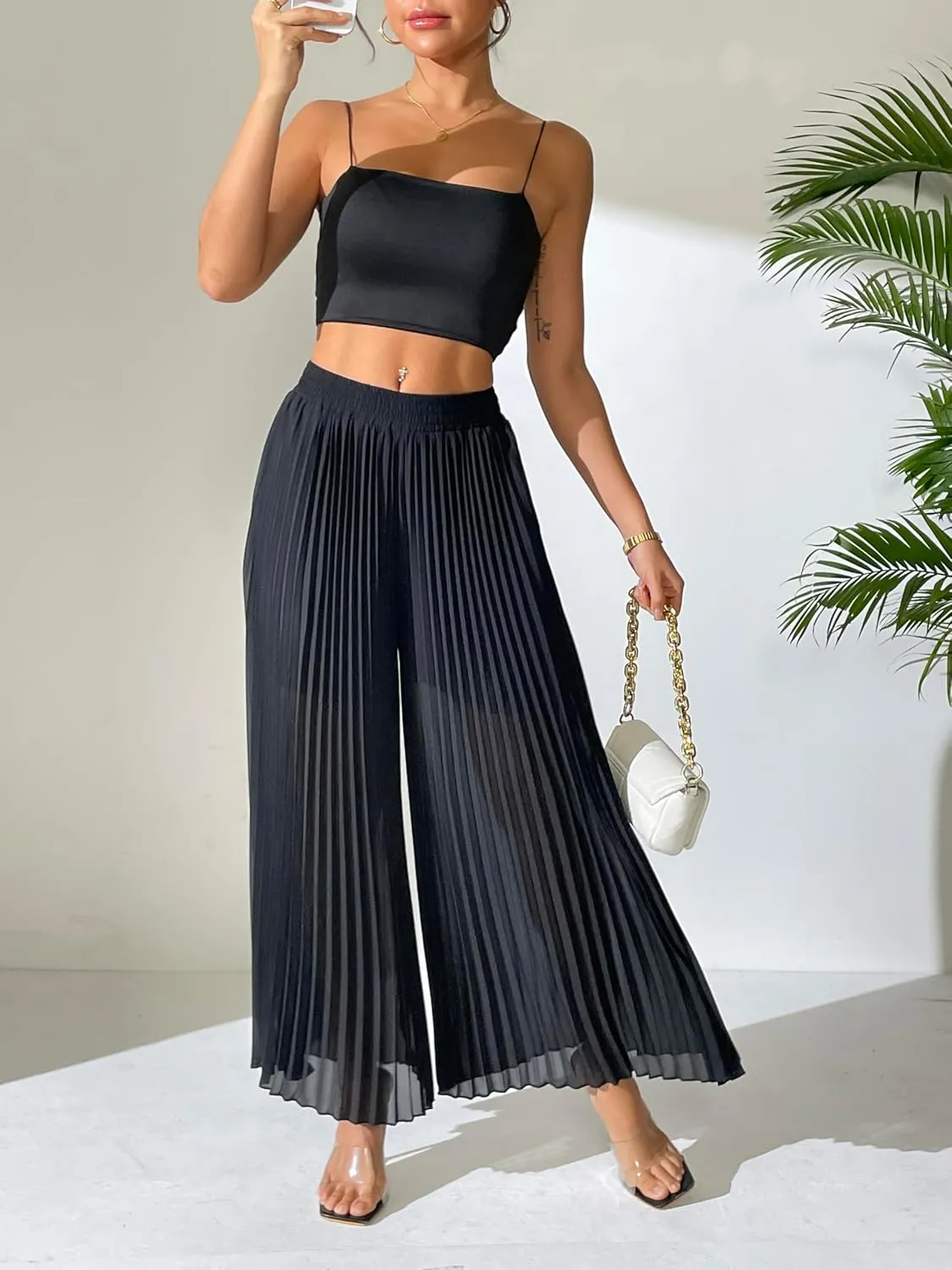 heipeiwa Women's Chiffon Pleated Wide Leg Palazzo Pants Crop Capris Culotte Dressy Casual Pants
