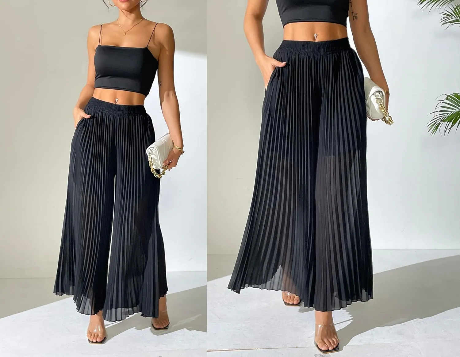 heipeiwa Women's Chiffon Pleated Wide Leg Palazzo Pants Crop Capris Culotte Dressy Casual Pants