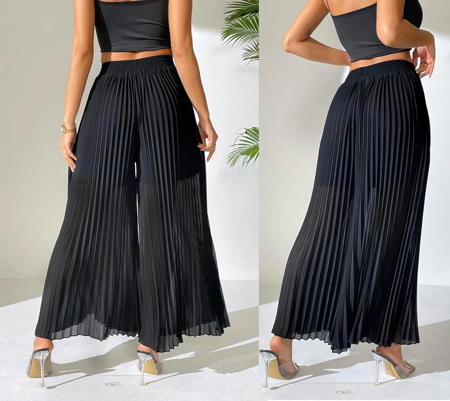 heipeiwa Women's Chiffon Pleated Wide Leg Palazzo Pants Crop Capris Culotte Dressy Casual Pants
