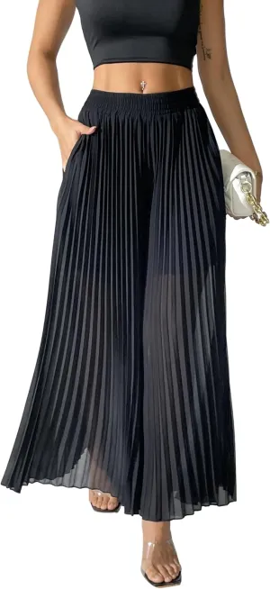 heipeiwa Women's Chiffon Pleated Wide Leg Palazzo Pants Crop Capris Culotte Dressy Casual Pants