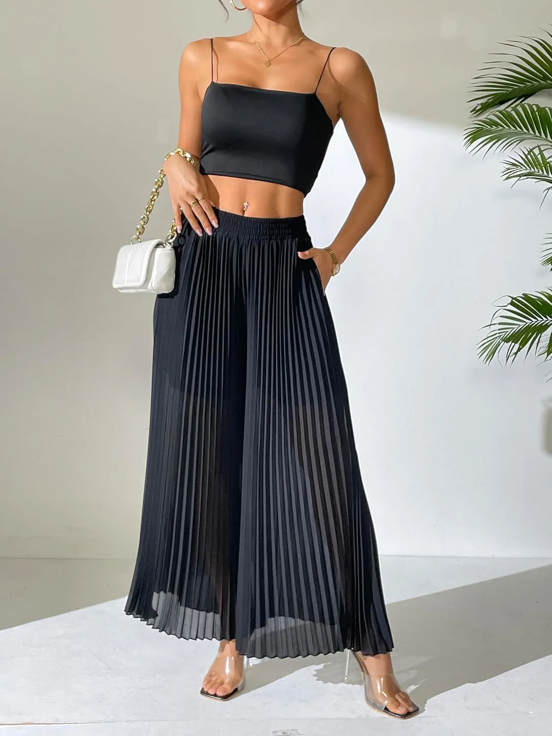 heipeiwa Women's Chiffon Pleated Wide Leg Palazzo Pants Crop Capris Culotte Dressy Casual Pants