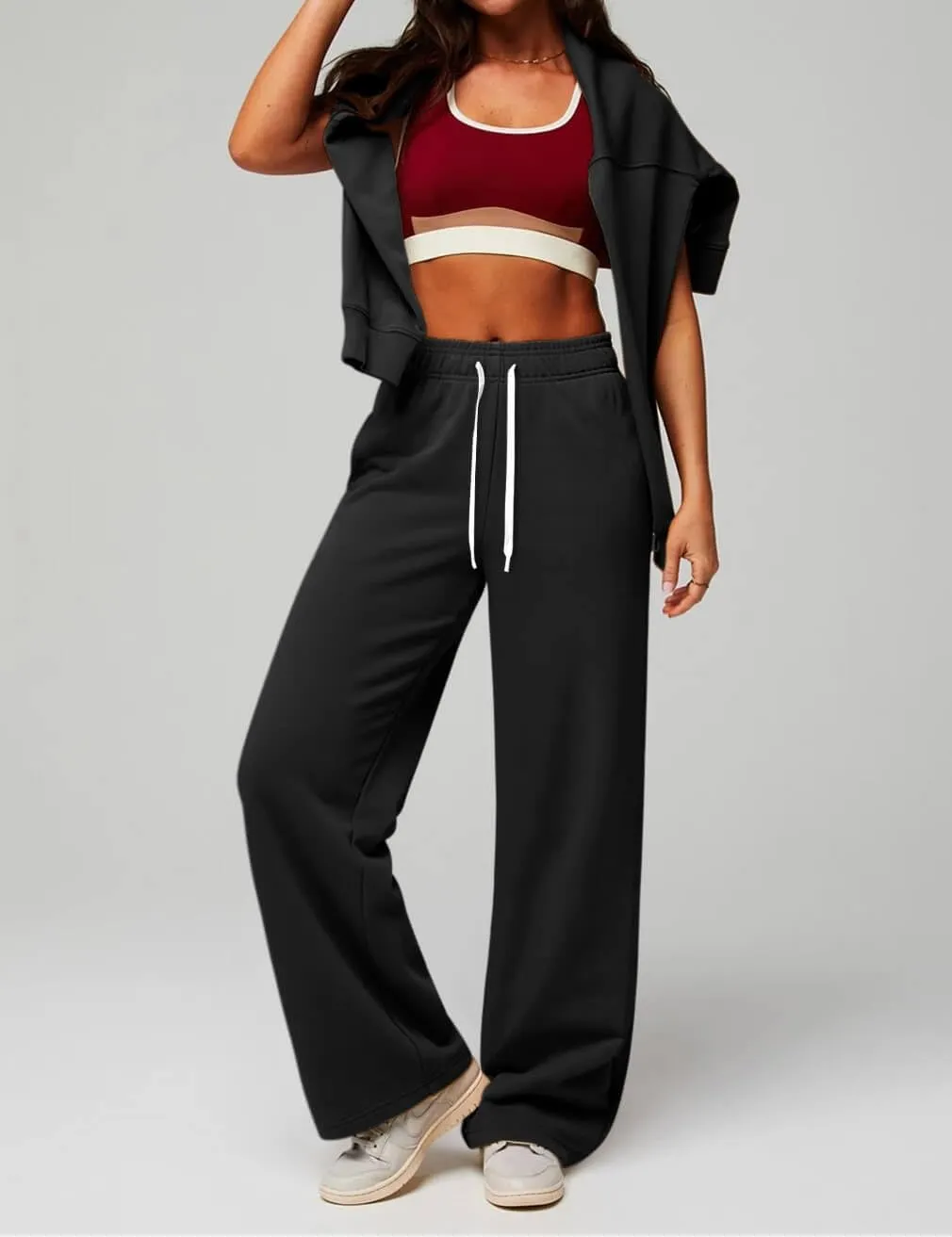 HeSaYep Women's Wide Leg Sweatpants Elastic High Waist Loose Sweat Pants Straight Leg Drawstring Trousers with Pockets