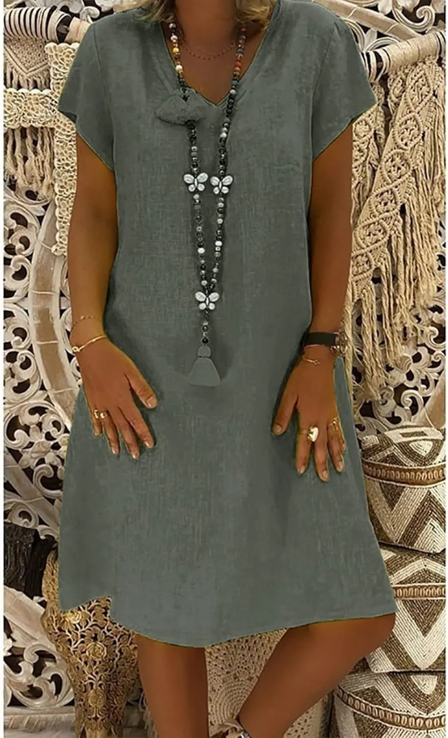 HGOOGY Modest Dresses for Women Summer Casual Midi Dresses V Neck Short Sleeve Knee Length Sun Dresses Beach Plus Size