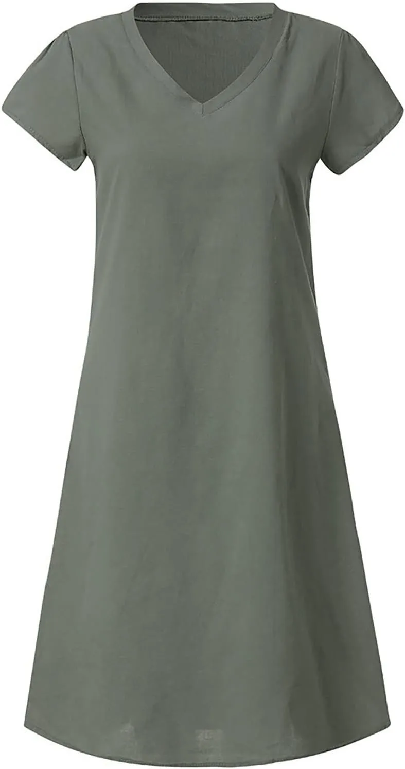 HGOOGY Modest Dresses for Women Summer Casual Midi Dresses V Neck Short Sleeve Knee Length Sun Dresses Beach Plus Size