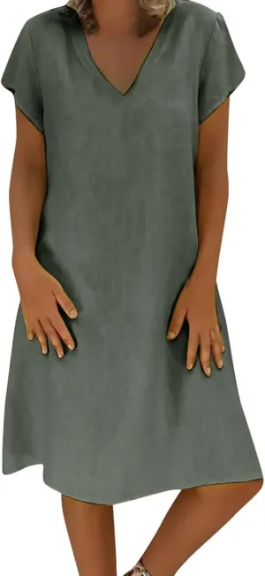 HGOOGY Modest Dresses for Women Summer Casual Midi Dresses V Neck Short Sleeve Knee Length Sun Dresses Beach Plus Size
