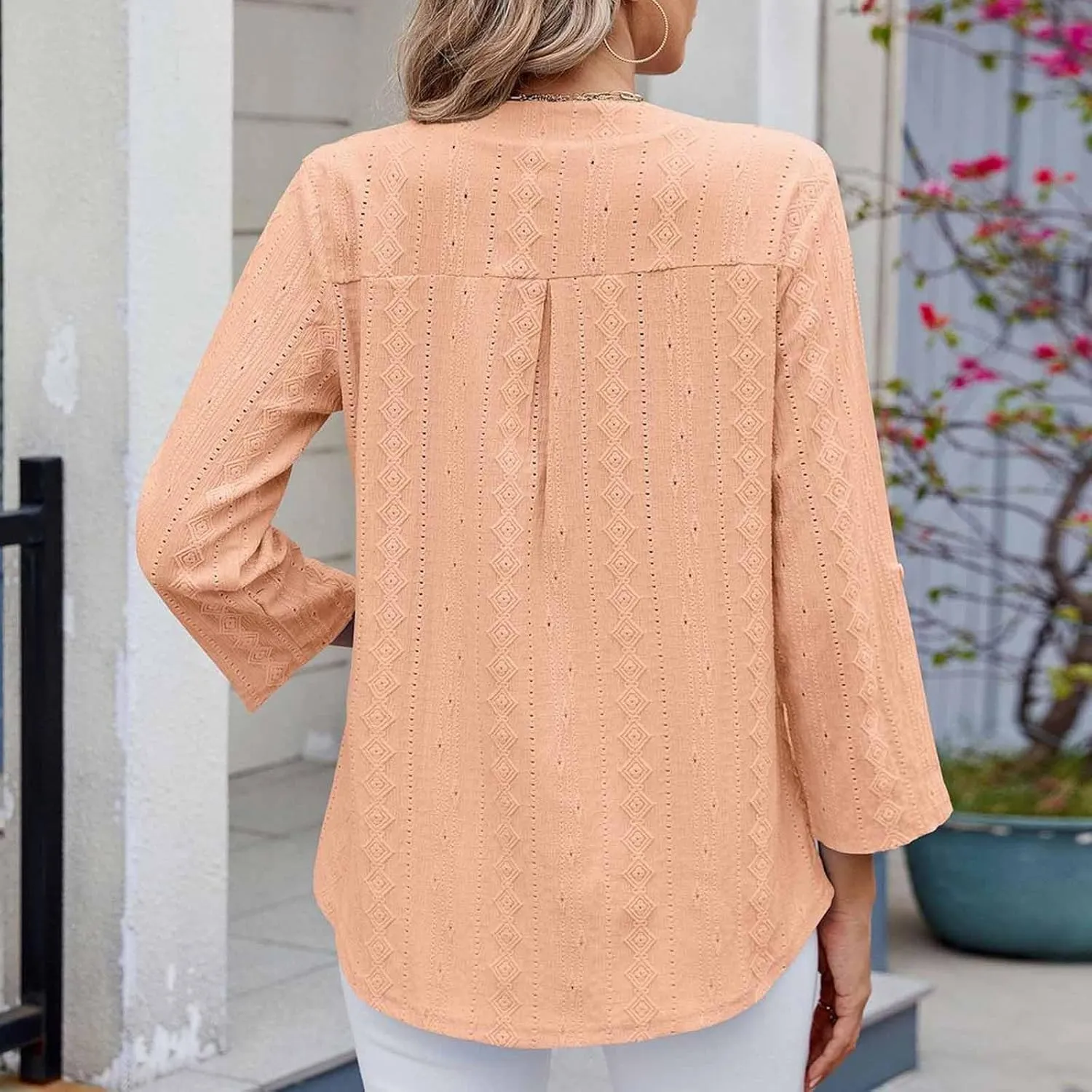 HGps8w 3/4 Sleeve Eyelet T-Shirts for Women Dressy Casual Solid V Neck Office Tops Loose Business Work Tunic Blouse