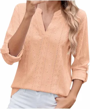 HGps8w 3/4 Sleeve Eyelet T-Shirts for Women Dressy Casual Solid V Neck Office Tops Loose Business Work Tunic Blouse