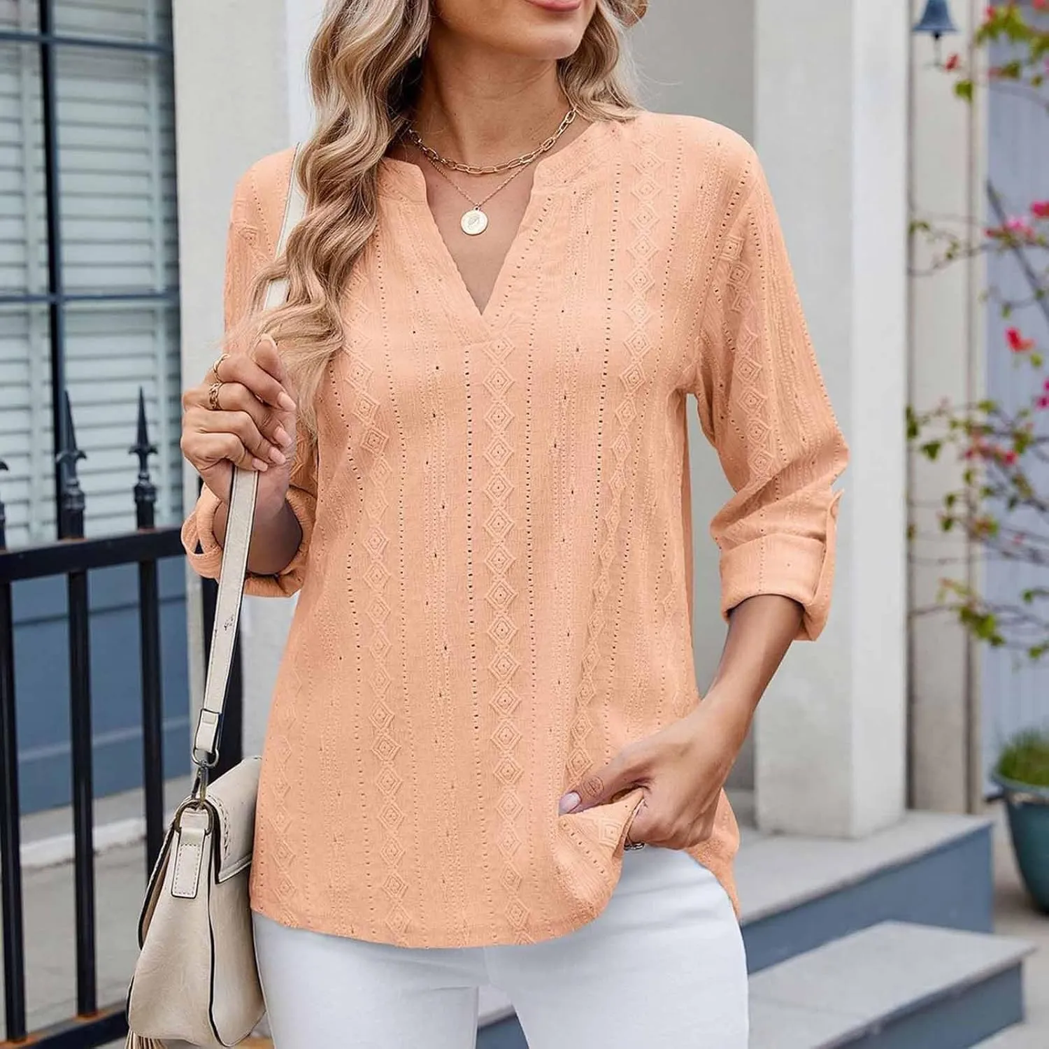 HGps8w 3/4 Sleeve Eyelet T-Shirts for Women Dressy Casual Solid V Neck Office Tops Loose Business Work Tunic Blouse