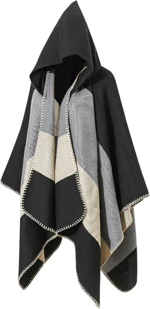HGps8w Knitted Hooded Cape for Women Dressy Color Block Shawl Wraps Sweater Poncho Cape Cardigan Cloak Winter Coat