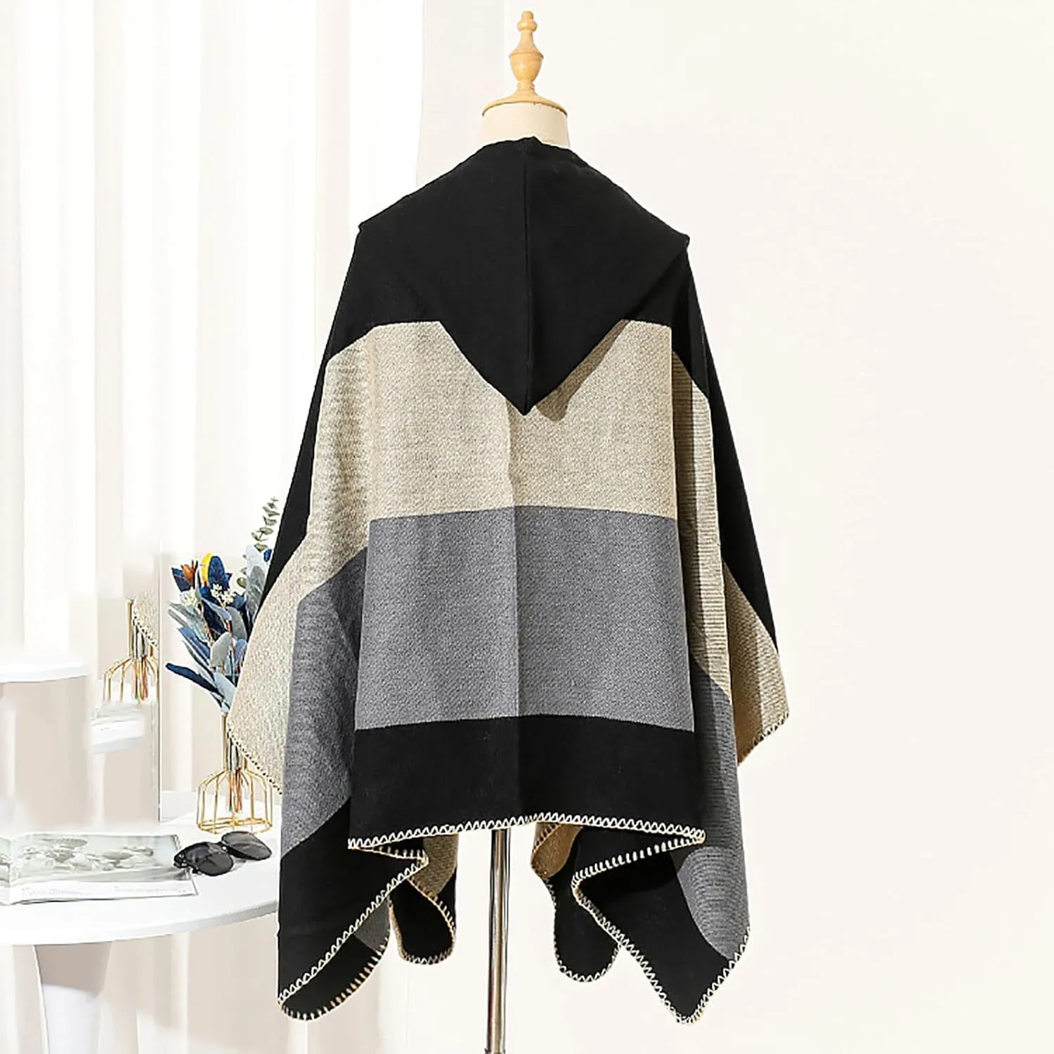HGps8w Knitted Hooded Cape for Women Dressy Color Block Shawl Wraps Sweater Poncho Cape Cardigan Cloak Winter Coat