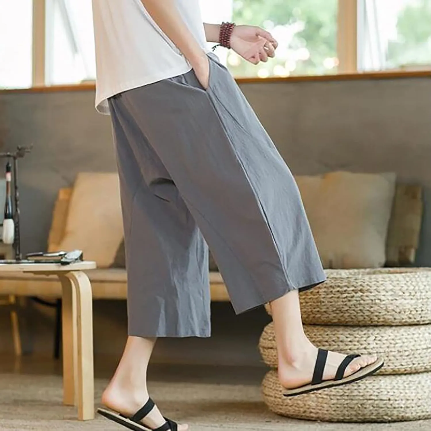 Hip Hop Linen Hippie Capri Pants for Men 3/4 Drawstring Yoga Beach Harem Pant Loose Fit Casual Baggy Jogger Sweatpant