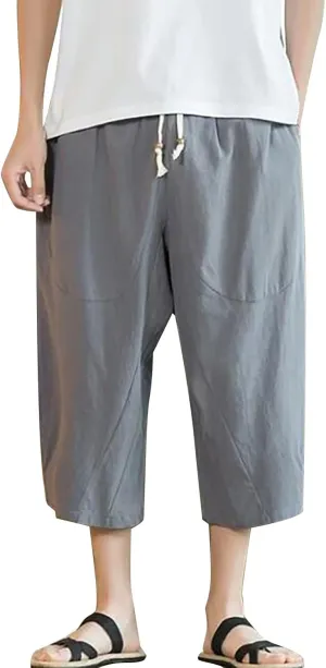 Hip Hop Linen Hippie Capri Pants for Men 3/4 Drawstring Yoga Beach Harem Pant Loose Fit Casual Baggy Jogger Sweatpant