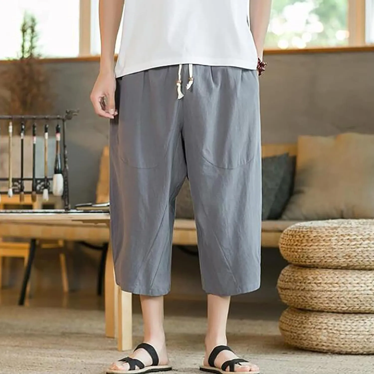 Hip Hop Linen Hippie Capri Pants for Men 3/4 Drawstring Yoga Beach Harem Pant Loose Fit Casual Baggy Jogger Sweatpant
