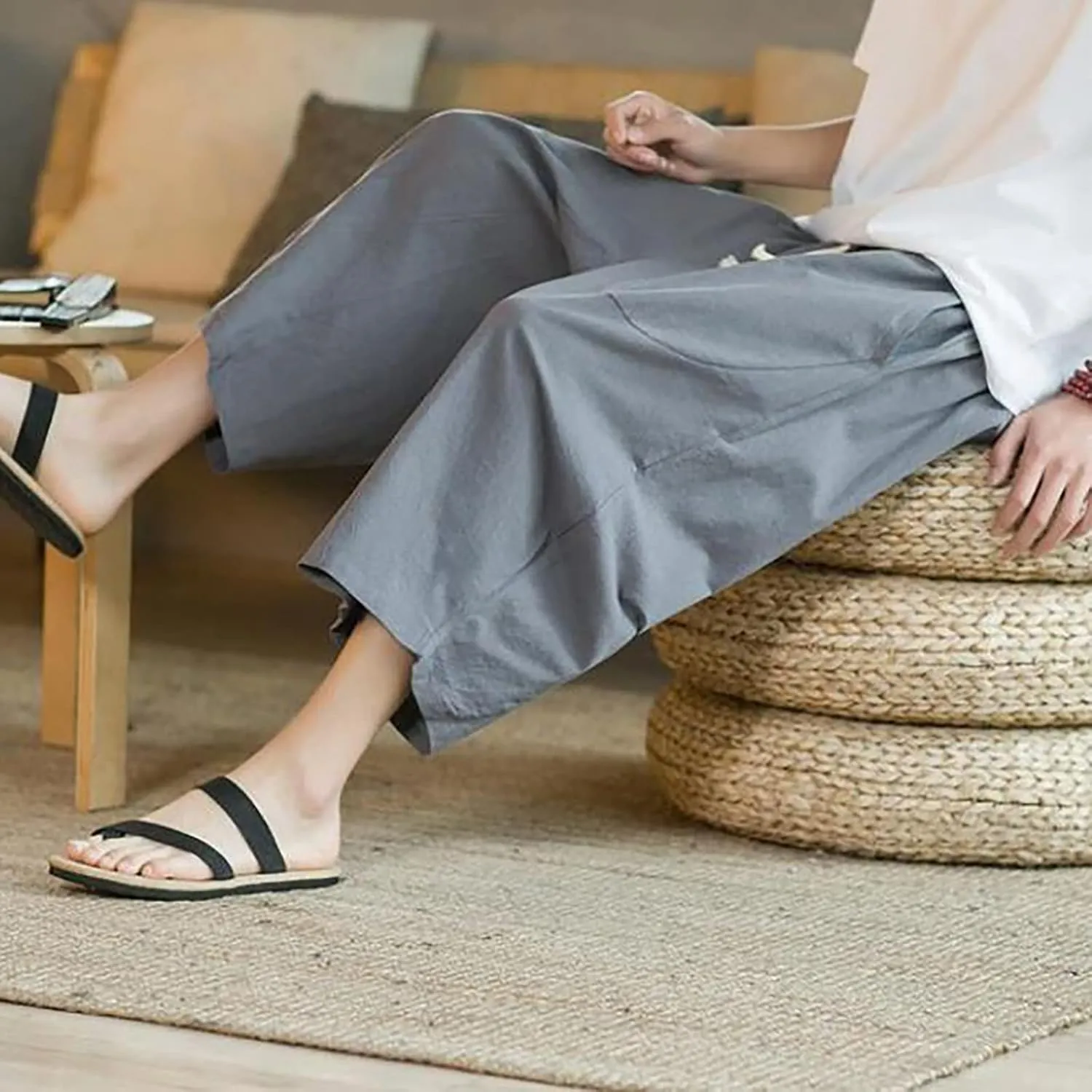 Hip Hop Linen Hippie Capri Pants for Men 3/4 Drawstring Yoga Beach Harem Pant Loose Fit Casual Baggy Jogger Sweatpant