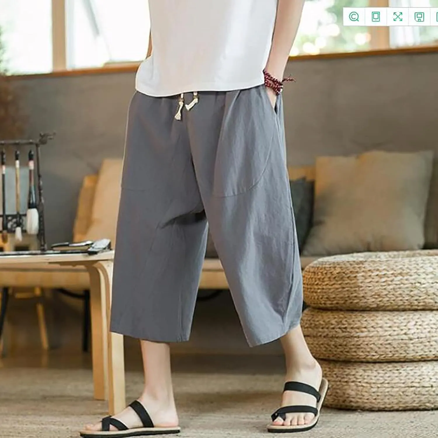 Hip Hop Linen Hippie Capri Pants for Men 3/4 Drawstring Yoga Beach Harem Pant Loose Fit Casual Baggy Jogger Sweatpant