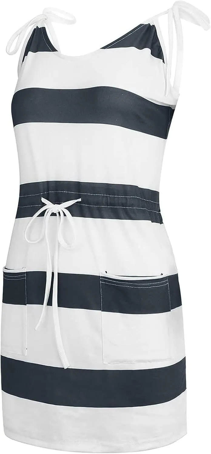 hlysgo Sundresses for Women 2025 Summer Casual Sleeveless V Neck Mini Dresses Drawstring Waist Stripes Dress with Pockets