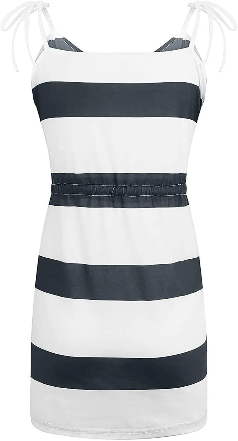 hlysgo Sundresses for Women 2025 Summer Casual Sleeveless V Neck Mini Dresses Drawstring Waist Stripes Dress with Pockets