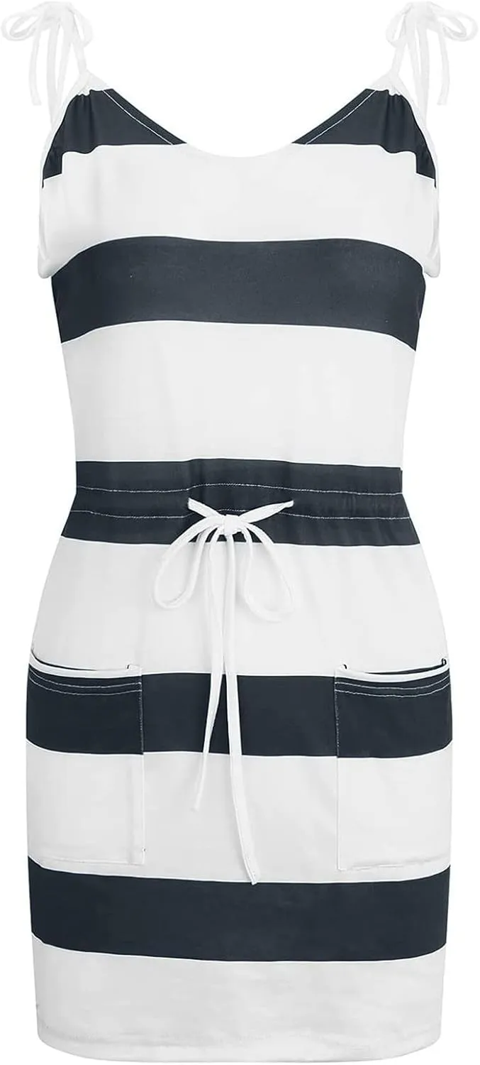 hlysgo Sundresses for Women 2025 Summer Casual Sleeveless V Neck Mini Dresses Drawstring Waist Stripes Dress with Pockets