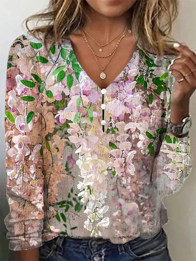 HOTYD Women's Boho Floral Print Shirts Ladies Long Sleeve Summer Tops Blouses for Women Dressy Casual V Neck Tunic Tops