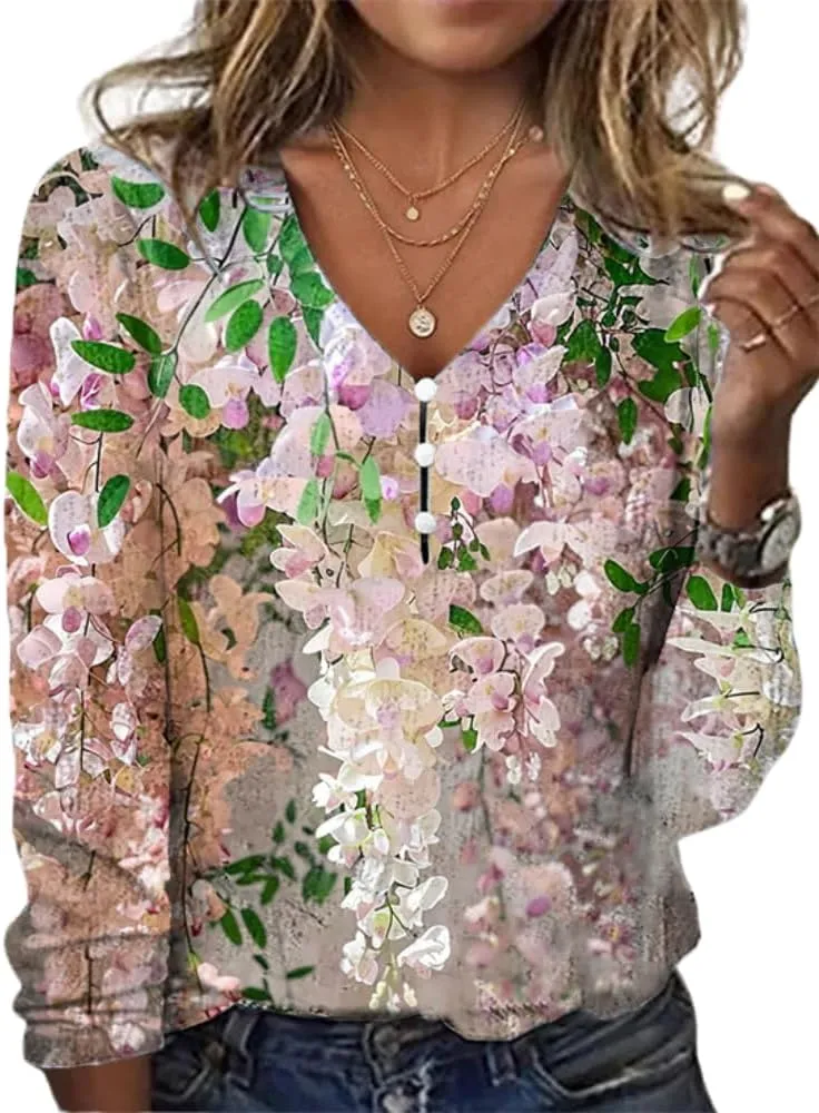 HOTYD Women's Boho Floral Print Shirts Ladies Long Sleeve Summer Tops Blouses for Women Dressy Casual V Neck Tunic Tops