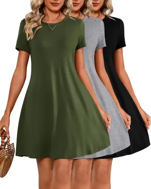 Huukeay 3 Pack Women Casual T Shirt Dresses Short Sleeve Round Neck Loose Fit Tunic Dresses Summer Swing Dress