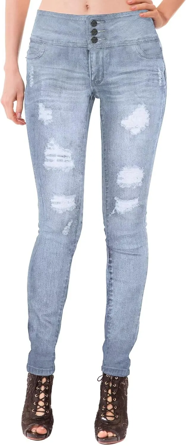 Hybrid & Company Women Fashion Destructed Skinny Jeans High Waist Stretch Denim Pants