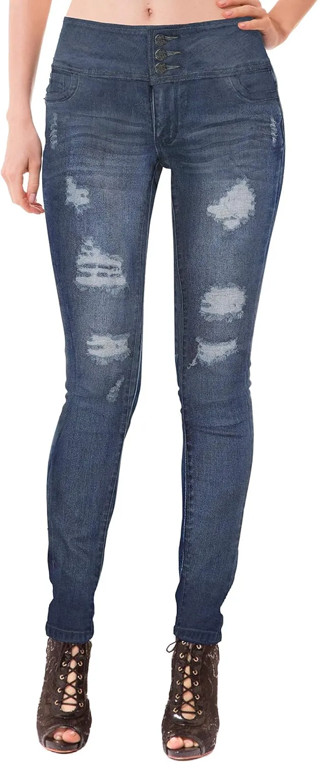 Hybrid & Company Women Fashion Destructed Skinny Jeans High Waist Stretch Denim Pants