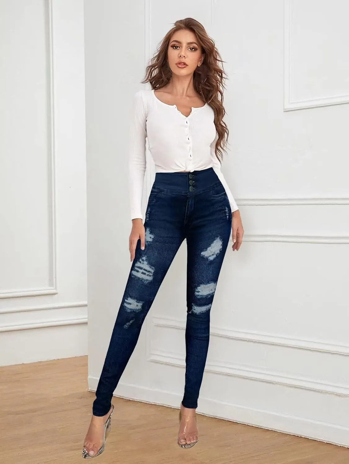 Hybrid & Company Women Fashion Destructed Skinny Jeans High Waist Stretch Denim Pants