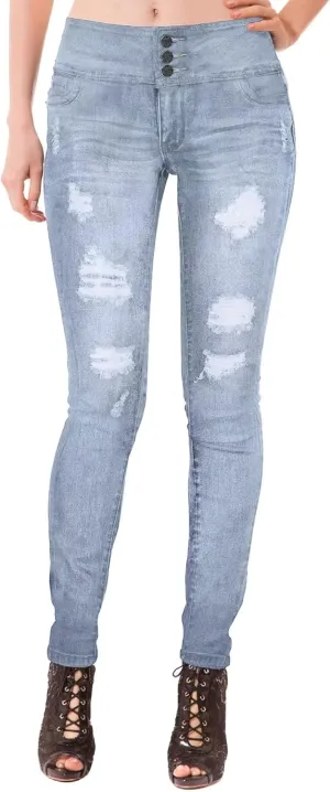 Hybrid & Company Women Fashion Destructed Skinny Jeans High Waist Stretch Denim Pants
