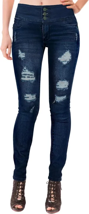 Hybrid & Company Women Fashion Destructed Skinny Jeans High Waist Stretch Denim Pants
