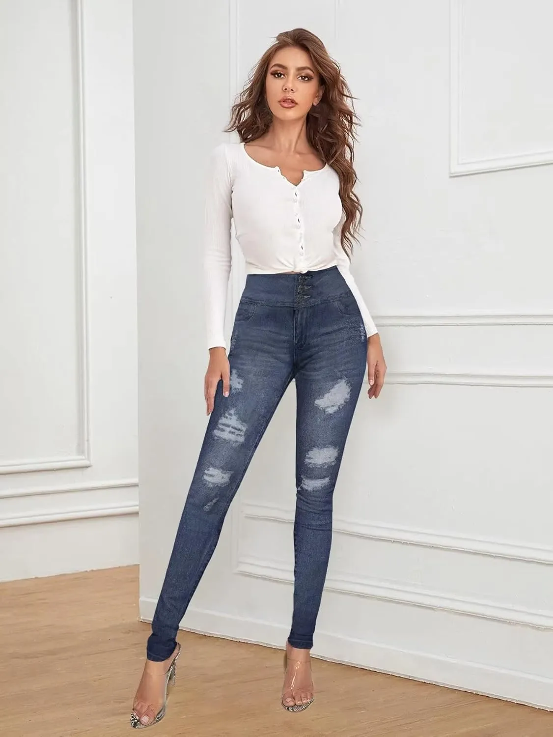 Hybrid & Company Women Fashion Destructed Skinny Jeans High Waist Stretch Denim Pants