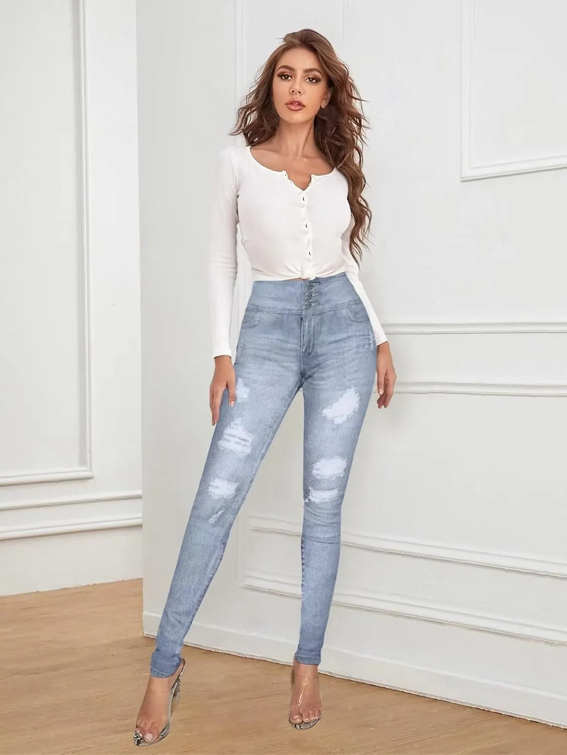Hybrid & Company Women Fashion Destructed Skinny Jeans High Waist Stretch Denim Pants