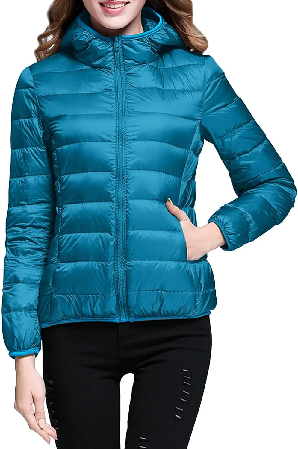 iLH Womens Cotton Padded Lightweight Coat Hooded Turtle Neck Full Zip Windbreaker Jackets For Women Leisure Thermal Coat
