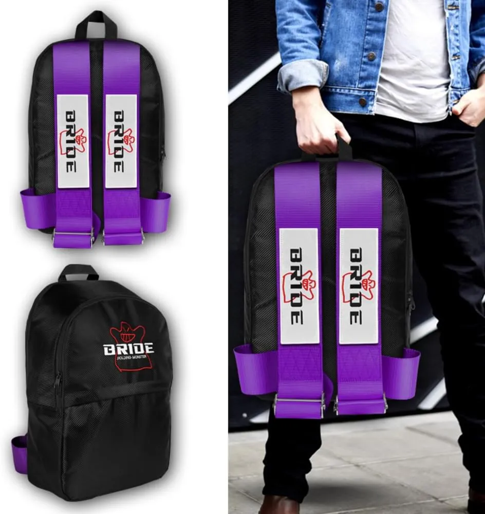 JDM Bride Recaro Racing Laptop Travel Backpack Carbon Fiber Style with Adjustable Harness Straps (Bride - Purple Strap)