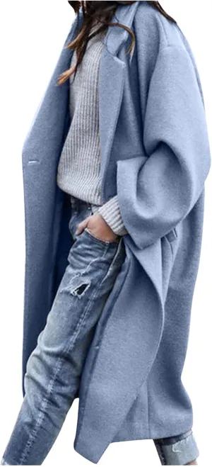 JEGULV Women Elegant Long Trench Coats Lightweight Open Front Solid Color Outwear Jackets Notched Lapel Collar Wool Pea Coats