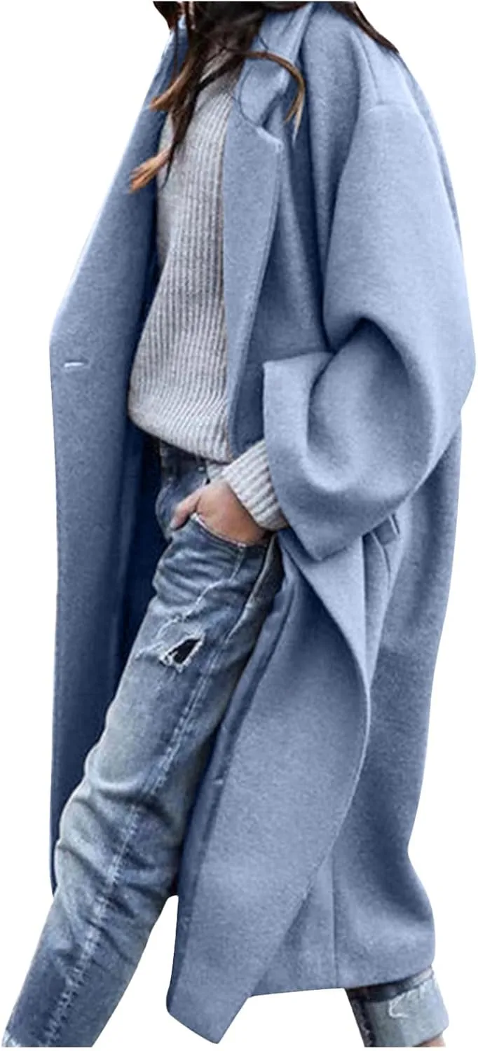 JEGULV Women Elegant Long Trench Coats Lightweight Open Front Solid Color Outwear Jackets Notched Lapel Collar Wool Pea Coats