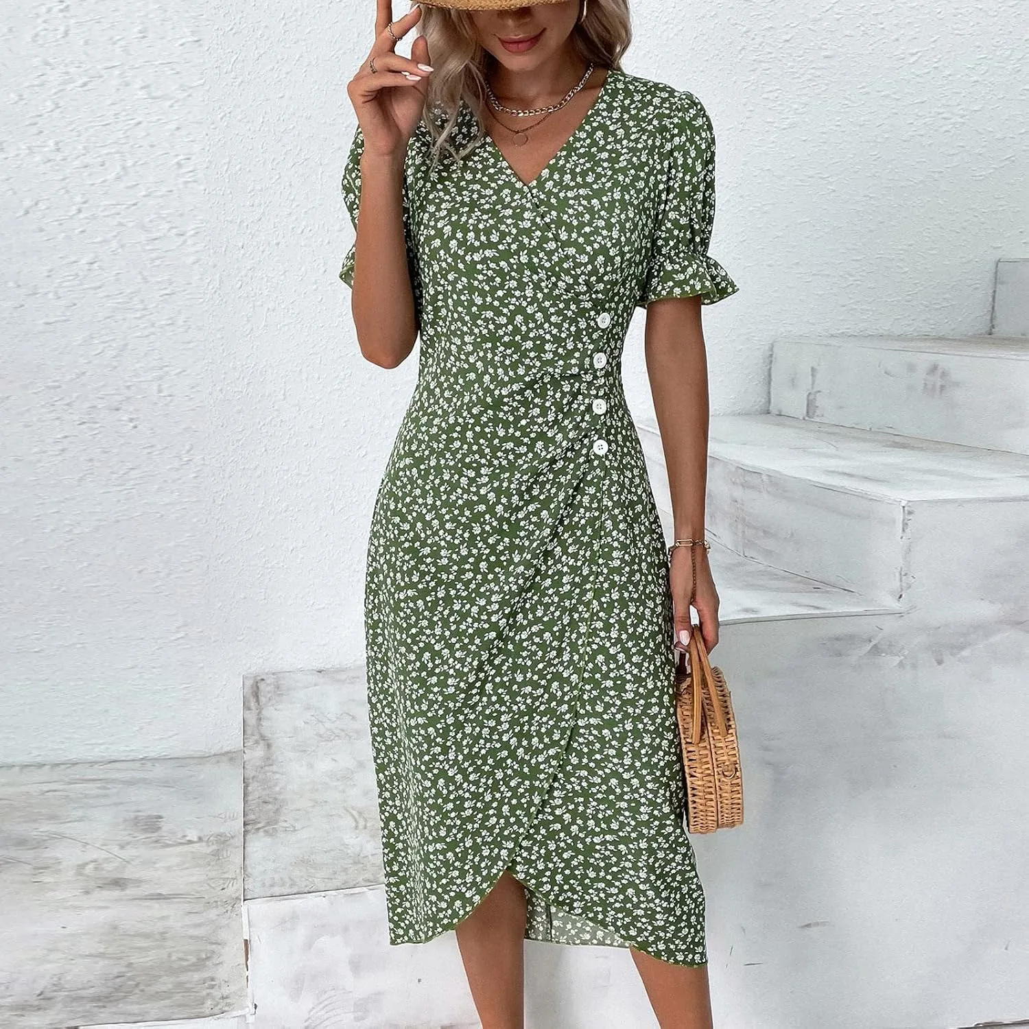 JJHAEVDY Dresses for Women 2024 Printed Short Sleeve Dress V Neck Ruffle Hem Dresses Summer Beach Dresses Elegant Midi Dress