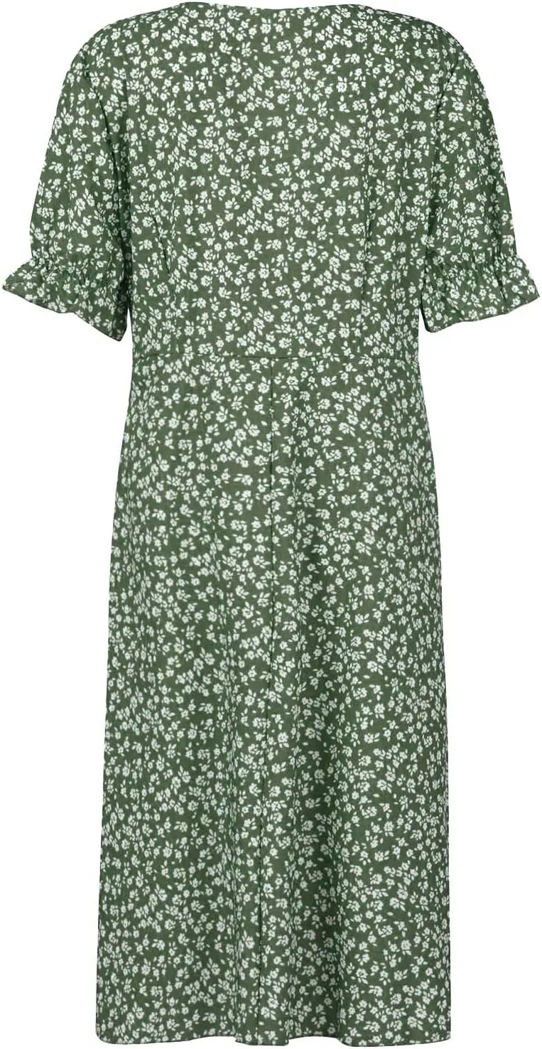 JJHAEVDY Dresses for Women 2024 Printed Short Sleeve Dress V Neck Ruffle Hem Dresses Summer Beach Dresses Elegant Midi Dress