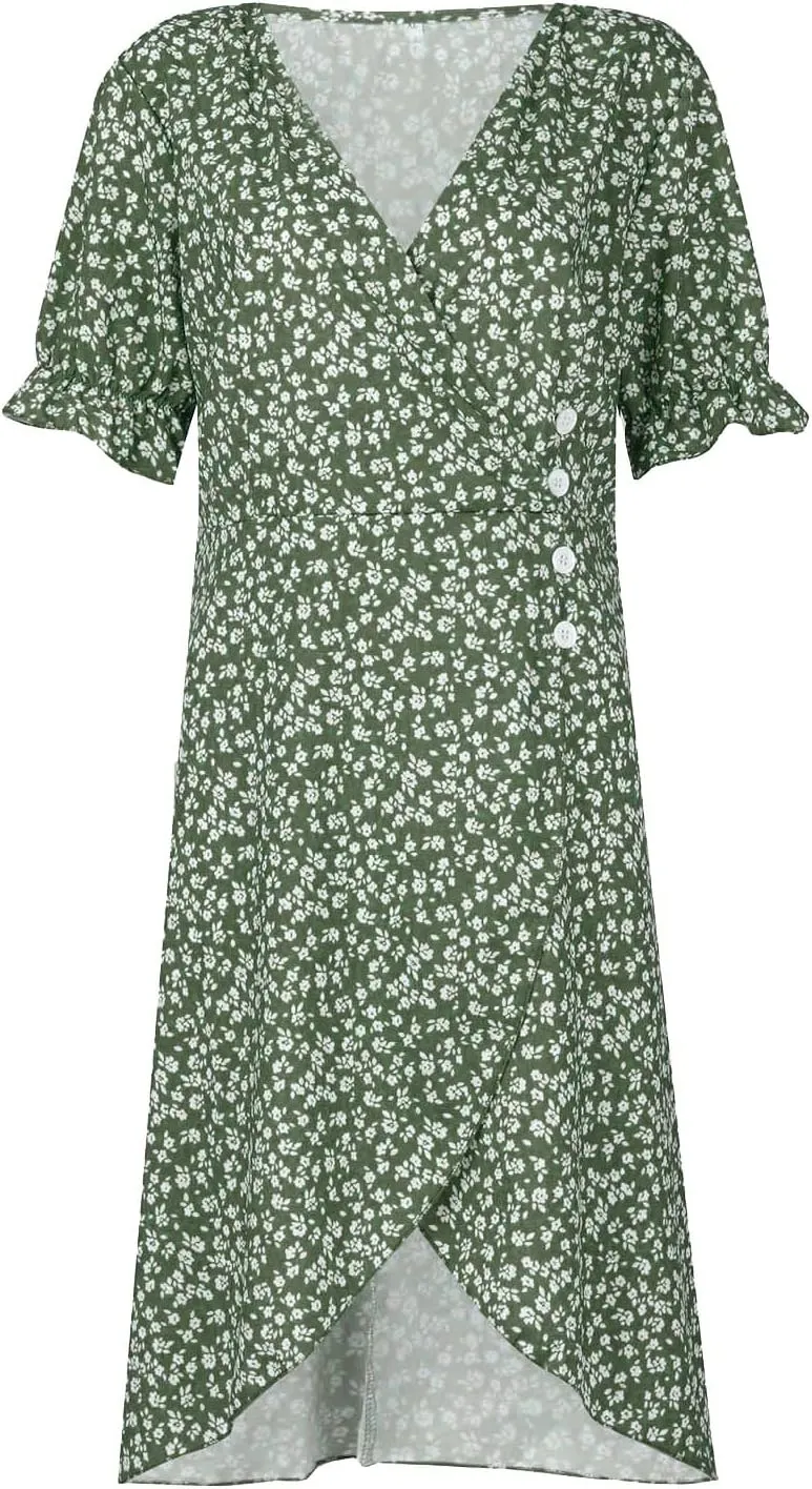 JJHAEVDY Dresses for Women 2024 Printed Short Sleeve Dress V Neck Ruffle Hem Dresses Summer Beach Dresses Elegant Midi Dress