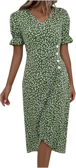 JJHAEVDY Dresses for Women 2024 Printed Short Sleeve Dress V Neck Ruffle Hem Dresses Summer Beach Dresses Elegant Midi Dress