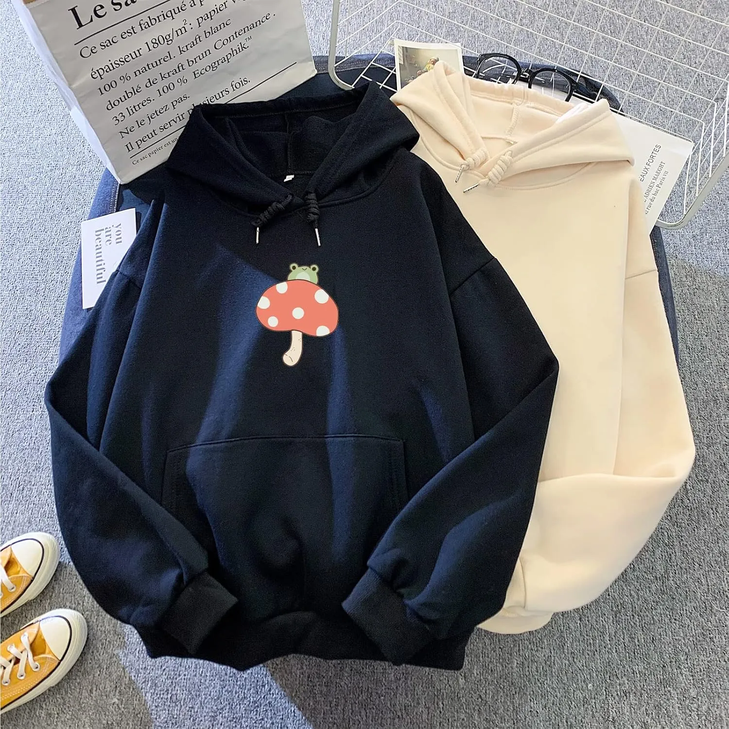 KEEVICI Women's Cute Sweatshirts Skateboarding Frog Long Sleeve Cotton Hoodie Pullover