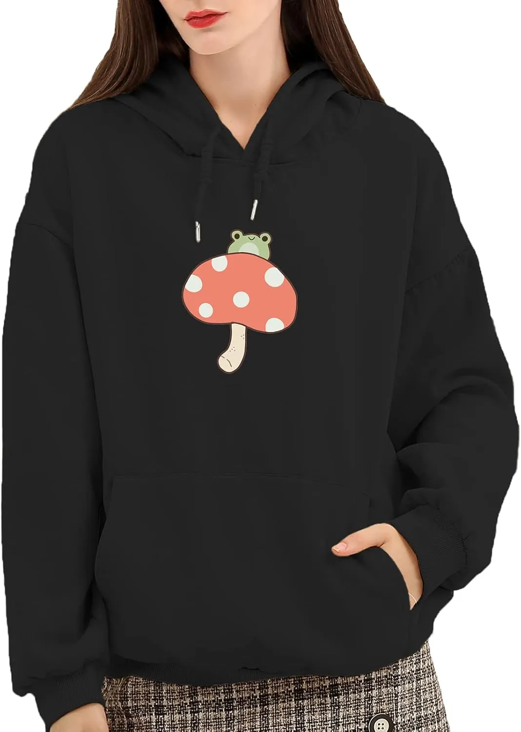 KEEVICI Women's Cute Sweatshirts Skateboarding Frog Long Sleeve Cotton Hoodie Pullover