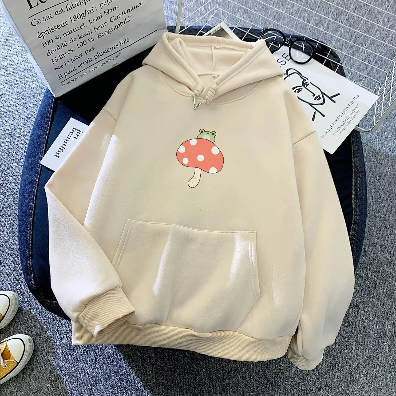 KEEVICI Women's Cute Sweatshirts Skateboarding Frog Long Sleeve Cotton Hoodie Pullover