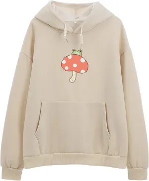 KEEVICI Women's Cute Sweatshirts Skateboarding Frog Long Sleeve Cotton Hoodie Pullover