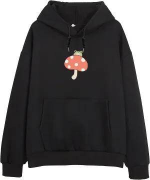 KEEVICI Women's Cute Sweatshirts Skateboarding Frog Long Sleeve Cotton Hoodie Pullover